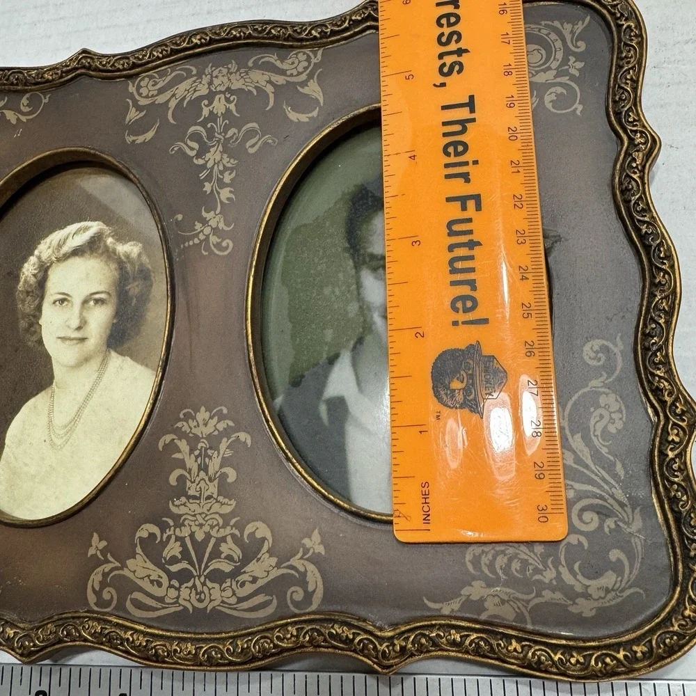Vtg Antique Double Frame Picture Brown Gold Photo Ornate Young Woman Man Baroque